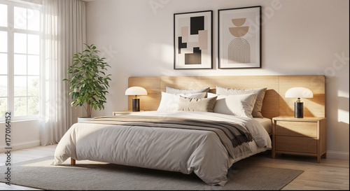 Modern minimalist bedroom interior with wooden bed, cozy bedding, abstract wall art, and natural sunlight through window 
