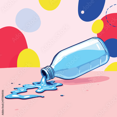Vsai spilling water bottle creating a colorful mess illustration