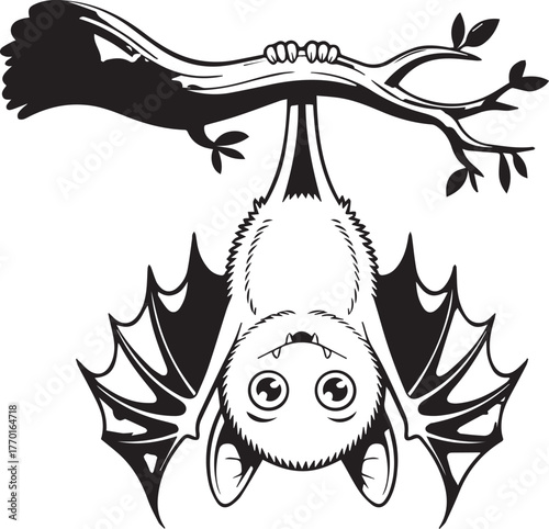 Cute cartoon bat vector graphic hanging upside down from a tree branch with big eyes and small fangs