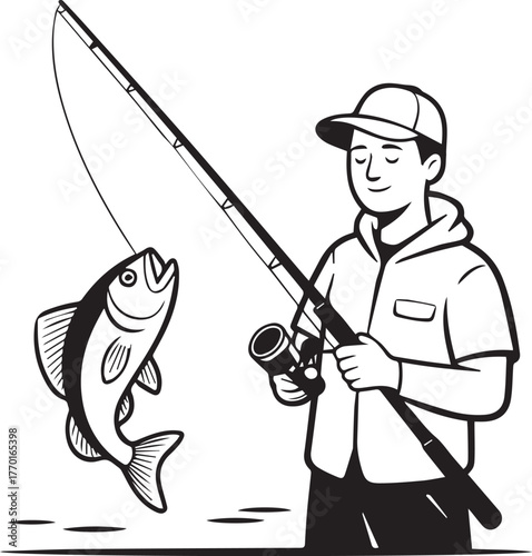 Joyful fisherman with catch young man holding fishing rod successfully landing a big fish in a linear art style for outdoors recreation and sport themes vector