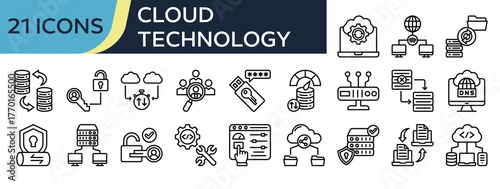 Collection of Cloud Technology icons, related to System Backup, Remote Access, Data Migration, Access Control, Authentication and more. Outline icons vector illustation.