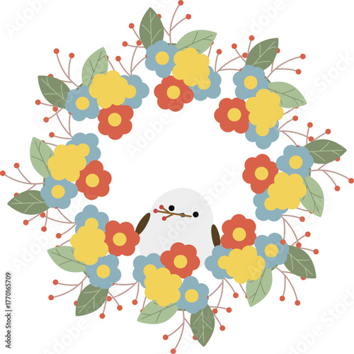 シマエナガと北欧風のボタニカルリース