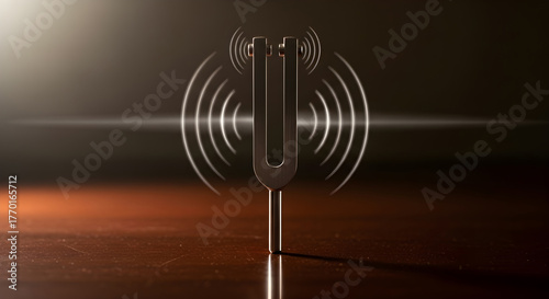 A tuning fork standing upright on a reflective surface emitting sound waves in a studio setting