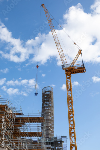 A crane works on a minaret of Hagia Sophia during restoration