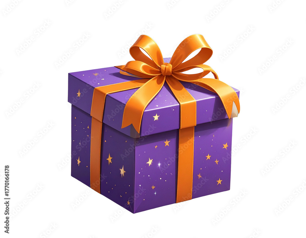 Fototapeta premium A delightful purple gift box with an orange ribbon sparkling stars a 3D icon on trans