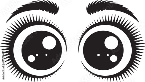 Cute expressive vector cartoon eyes with long eyelashes and white reflections on a dark background