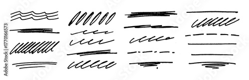 Marker brush stroke lines. Crayon scribble stripes. Rough vector pencil dash lines, pencil underlines, marker squiggles. Rough texture sketch emphasis collection. Freehand handwriting dividers bg
