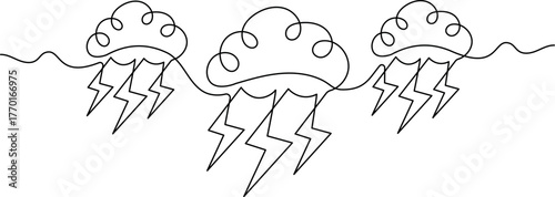 One line thunderstorm clouds. Minimalist continuous line art lightning vector.