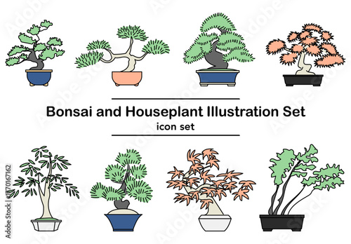 室内を彩る盆栽と観葉植物のベクターイラストセット｜白背景に独立したアイコンデザインでナチュラルな和モダン空間を演出する植物素材