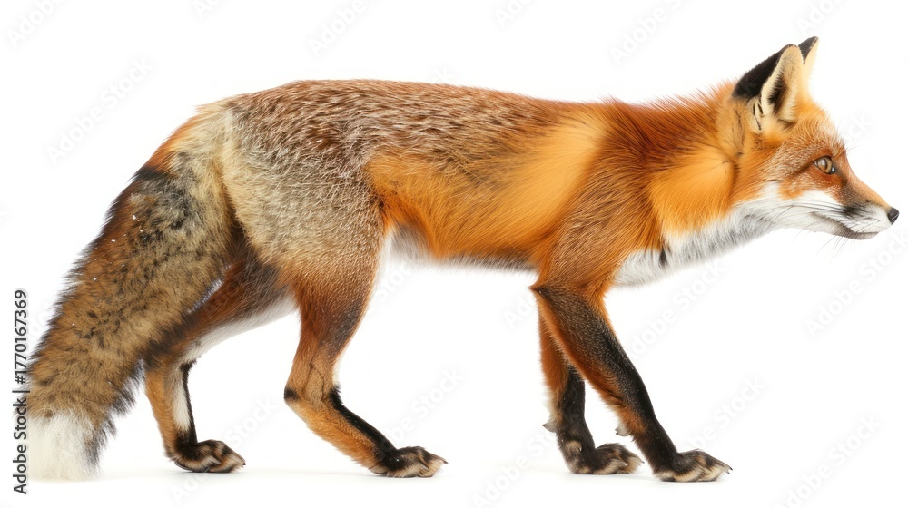 Fototapeta premium Elegant Red Fox in Profile Walking Gracefully Through Studio with Soft Lighting Against White Background