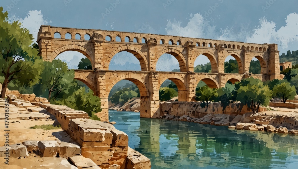 Fototapeta premium Watercolor illustration depicts a grand multi tiered stone aqueduct bridge with multiple arches spanning a serene river