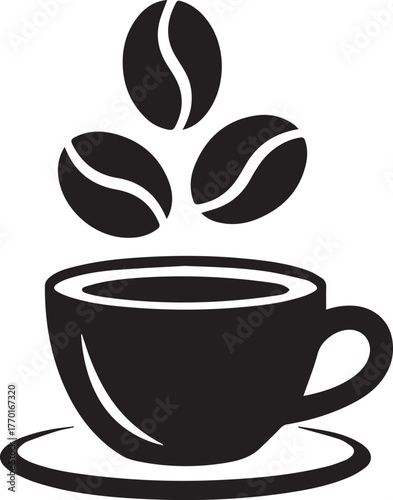 Aesthetic silhouette of a hot coffee cup with three falling roasted coffee beans evokes aromatic morning brew and cafe ambiance vector