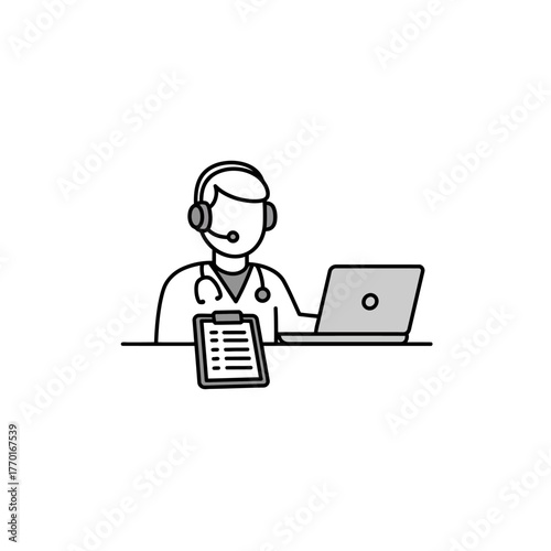 Doctor with Headset and Laptop Telemedicine Consultation Illustration.