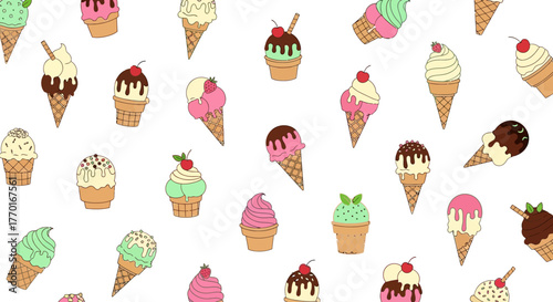 A colorful illustrated pattern of various ice cream cones and sundaes on a white background.