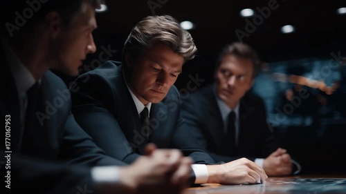 Political representatives in formal suits leaning forward during tense negotiations, symbolizing leadership, persuasion, and the intensity of political dialogue shaping international policy.