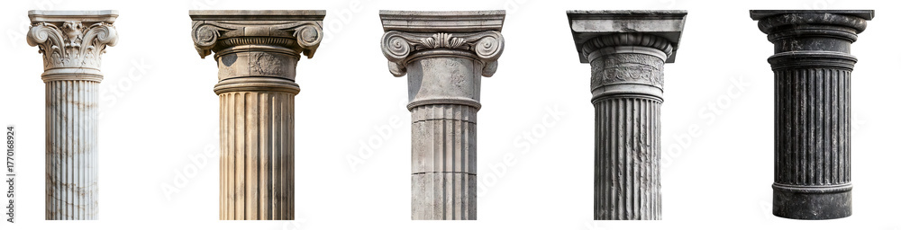 Fototapeta premium Classic Architectural Columns in Various Styles and Textures Isolated Transparent Background