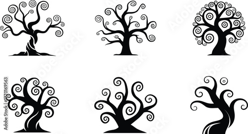 Mystical spiral tree silhouette collection for fantasy design, enchanted curly branches artwork, magical abstract nature vector set illustration