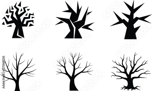 Spooky dead tree silhouettes collection for Halloween horror design, creepy forest elements, haunted nature illustration set for dark gothic vector