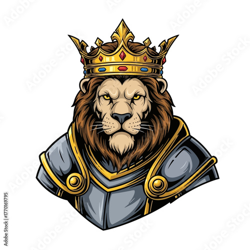 Majestic lion king wearing a golden crown and regal armor exudes power and authority, perfect for branding and heroic themes