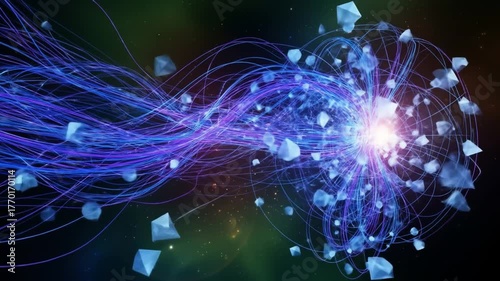 Blue and purple energy streams with cubeshaped particles in space