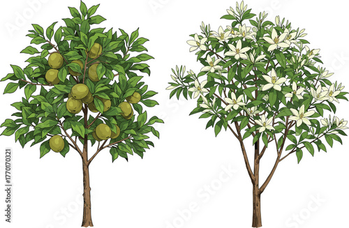 Fruit tree with green harvest, blooming tree with white flowers, seasonal growth, agriculture, farming, orchard, nature, spring, summer, countryside, rural, flora, botany