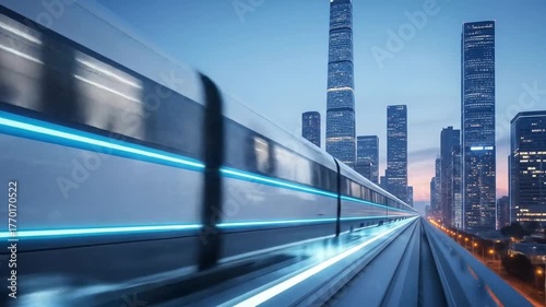 Highspeed train races through a futuristic city at dusk