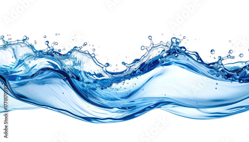 Blue wave cresting with splatters, isolated on black background