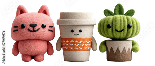 Cute plush characters including a cat, coffee cup, and cactus in a vibrant setting with playful details