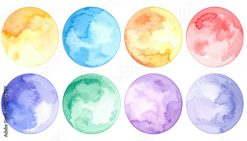 Watercolor circles in eight different soft, pastel shades