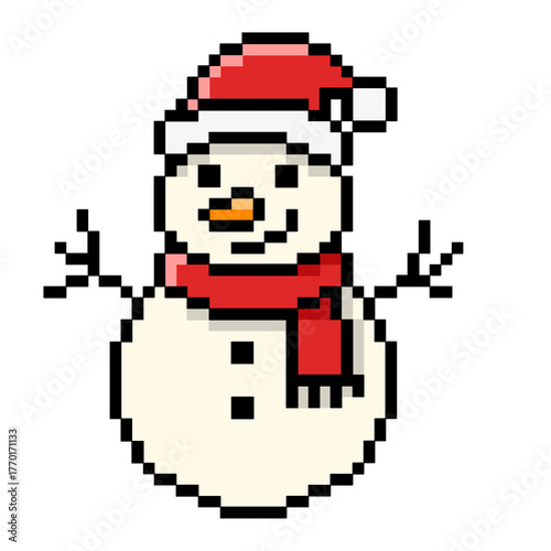 Pixel art Cute Christmas Snowman with Santa Hat and Scarf Illustration