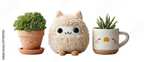Cute plush toy and potted plants arranged on a clean surface, showcasing a cozy indoor atmosphere