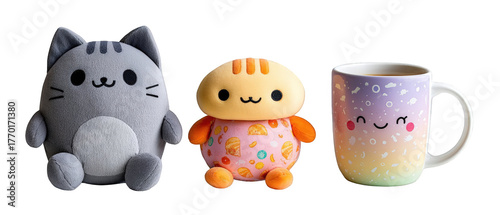 Cute plush toys and a colorful mug arranged together on a white background, ideal for cozy decor
