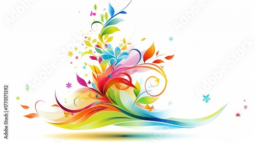 Colorful Floral Swirls with Vibrant Leaves and Decorative Butterflies Against a White Background for Artistic Designs and Nature Themes