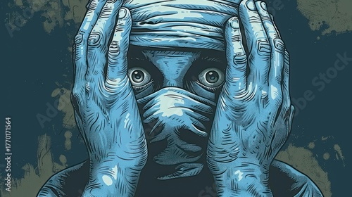Emotional expression of a person wearing a mask, hands covering face, artistic illustration of anxiety and fear in a stylized blue color palette