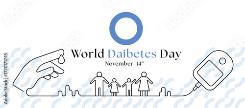 World diabetes day - Blue ring circle sign and text on Line hand with drop blood link to peple to blood sugar meter vector design