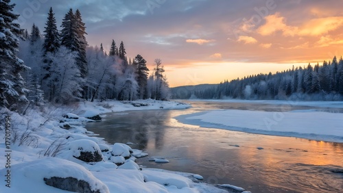 Scenic winter landscape with a partially frozen river reflecting the colorful sunset sky, surrounded by snowcovered trees in a serene setting