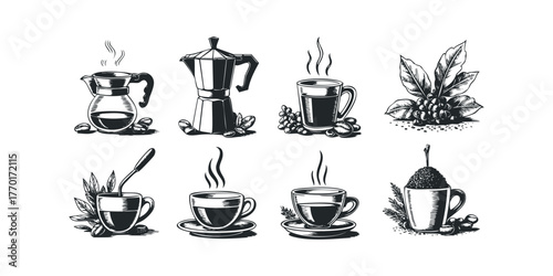 Collection of etched coffee beverage and bean icons
