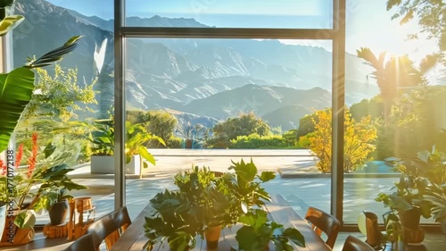 A dining room with a view of the mountains