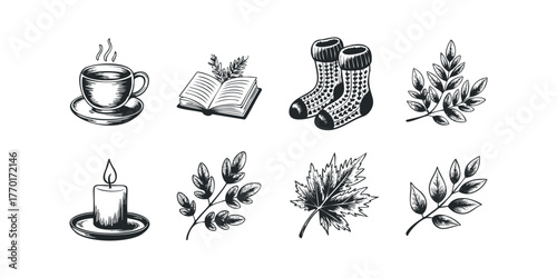 Cozy fall elements drawing a cup of coffee book candle and leaves