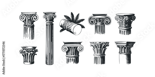Collection of classical column capitals and shaft