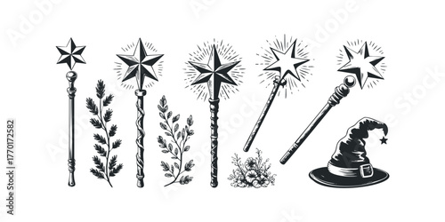 Enchanted objects with stars and foliage