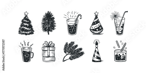 Holiday celebration icons with festive items and drinks