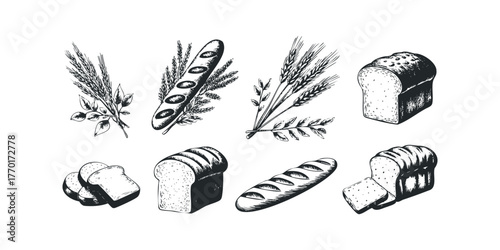 Collection of hand-drawn loaves and wheat stalks