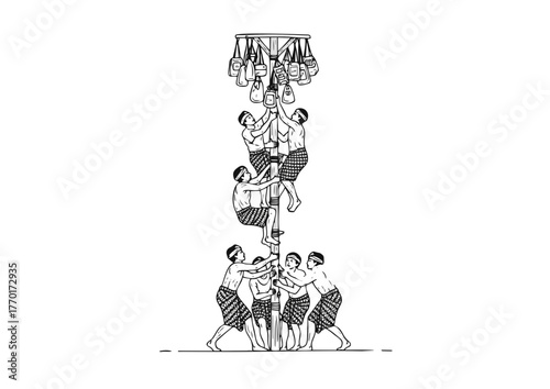 Handdrawn Line Art Indonesian Traditional Climbing Pole Greasy Pole Illustration