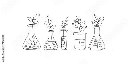 Laboratory glassware with sprouting plants single line