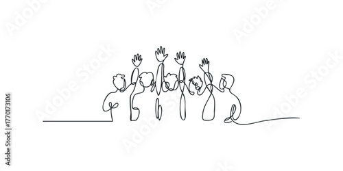 Abstract group of people with raised hands one line drawing