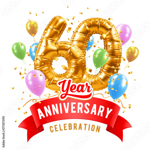 60th year anniversary, sixtieth birthday celebration. 3D realistic golden balloons number sixty, red ribbon with text, isolated on white. Template for jubilee, gala event. Vector illustration