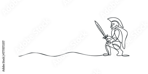 One Line Warrior Crouching with Sword