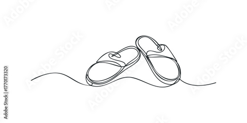 Line art of two casual slippers resting on ground