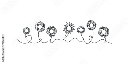 Continuous line drawing of blooming flowers
